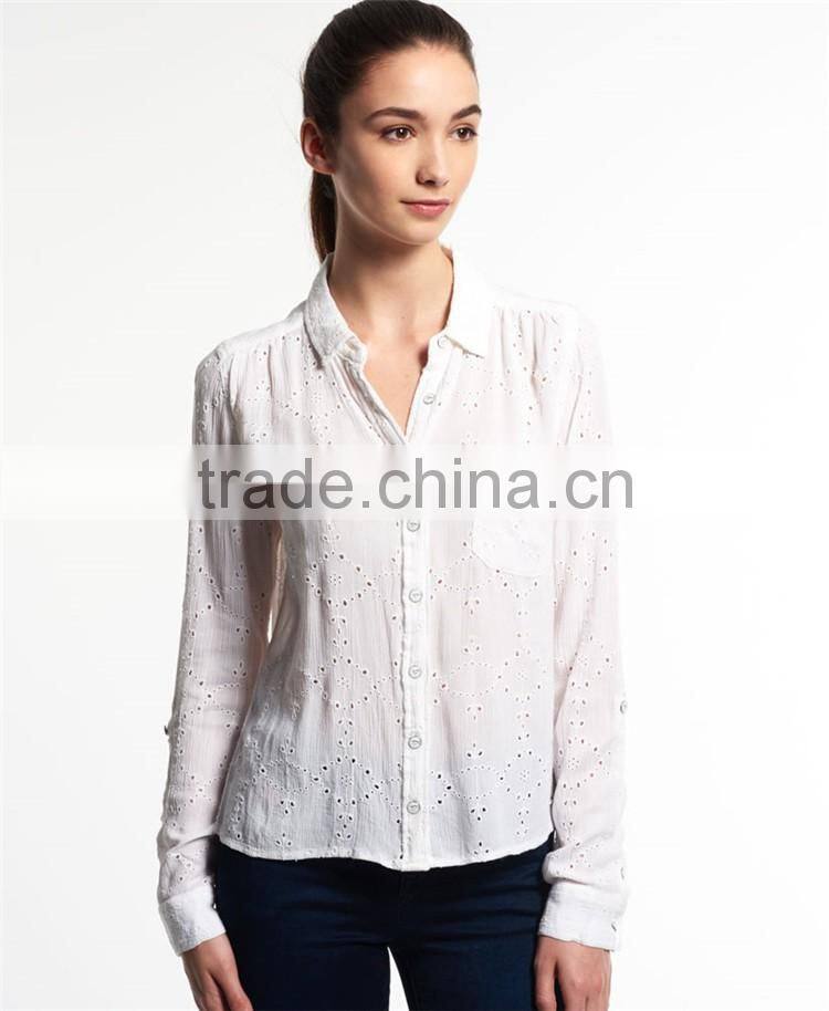 2017 Guangzhou Shandao Custom Elegant Autumn New White Cotton Long Sleeve Loose Ladies Blouse Collar Design