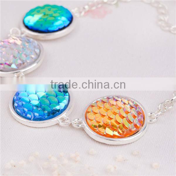 Resin Fish /Dragon Scale Bracelets Link Cable Chain Silver Plated Multicolor Round Fish Scale 17.5cm long