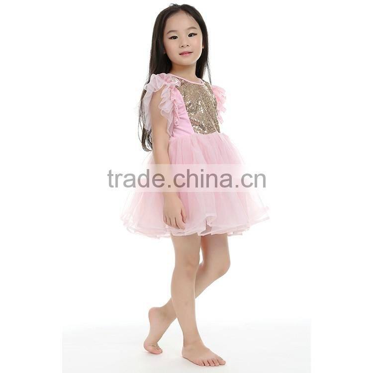 factory wholesale hot seling paillette baby dress,pink lovely kids dress,ruffle sleeve party children dress MC6030301