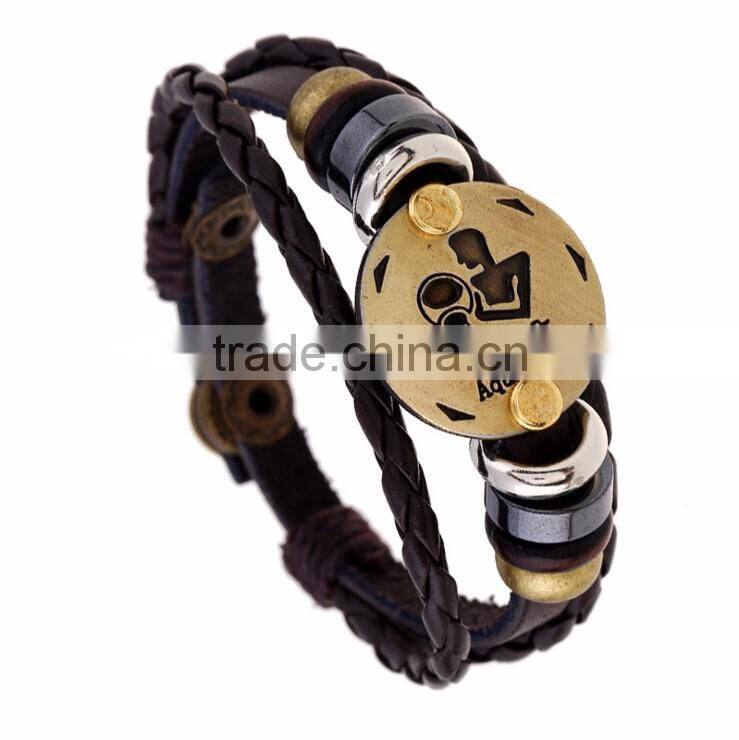 Retro 12 Zodiac Womens Mens Genuine Real Braid Faux Leather Bracelet Bangle Cuff Wristband Handmade Jewlery