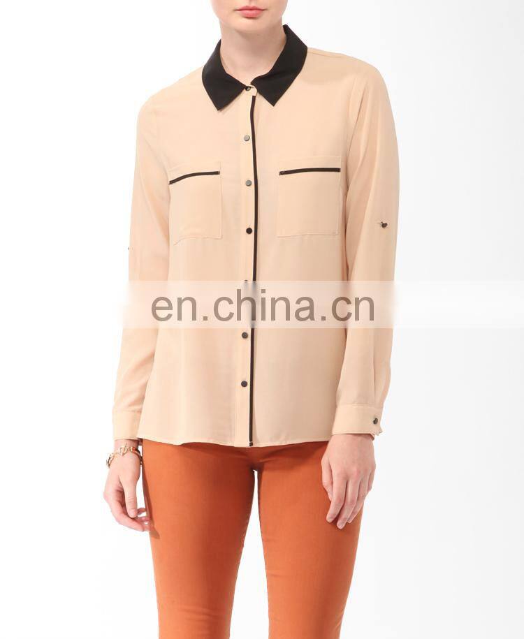 CHEFON Contrast trim relaxed fit patchwork open back blouse with low back