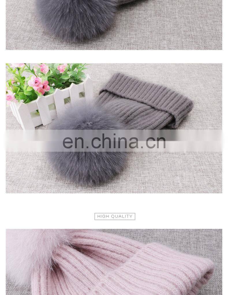 Winter Wool Knitted Beanies Scarf Fox Fur Pompom Knitted Hat Wool