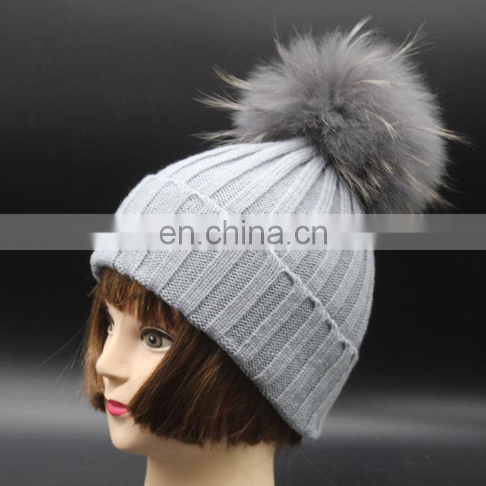 Hot Sell Cute Winter Hats Natural Raccoon Fur Pompom Beanie Cap with Ball Top Knitted Crochet Kid Hat