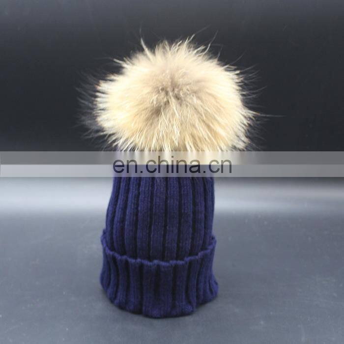 Hot Sell Cute Winter Hats Natural Raccoon Fur Pompom Beanie Cap with Ball Top Knitted Crochet Kid Hat