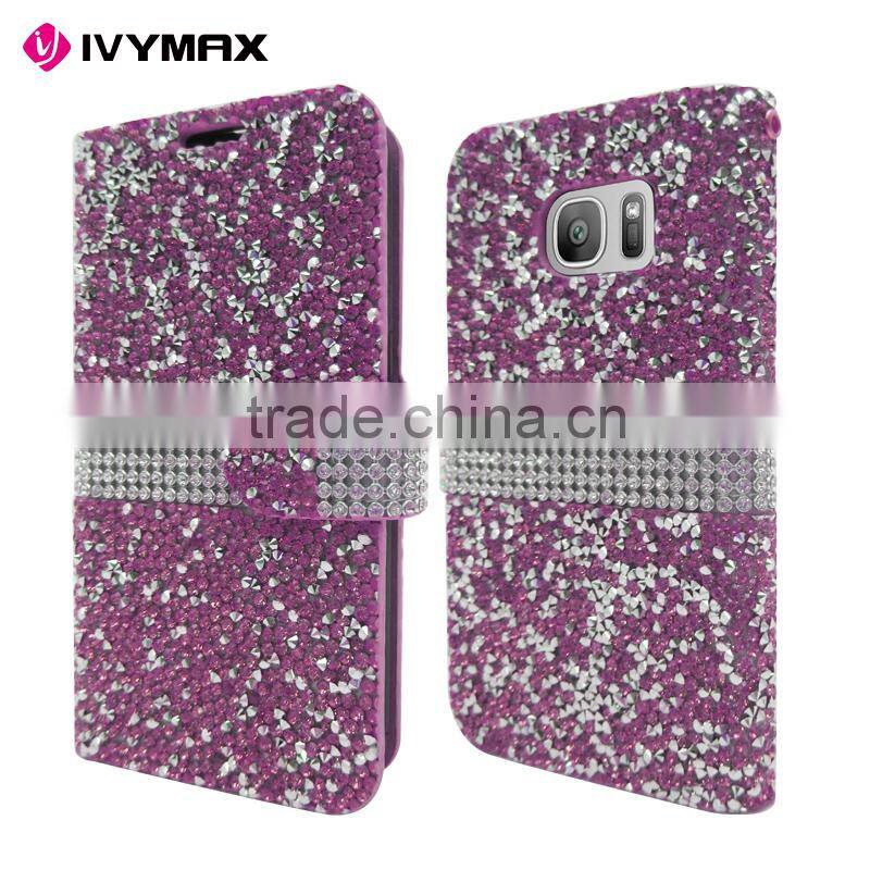 IVYMAX High Quality Luxury Rock Crystal Rhinestone PU Leather Diamond Wallet Case Flip Cover For Samsung Galaxy S7/G930