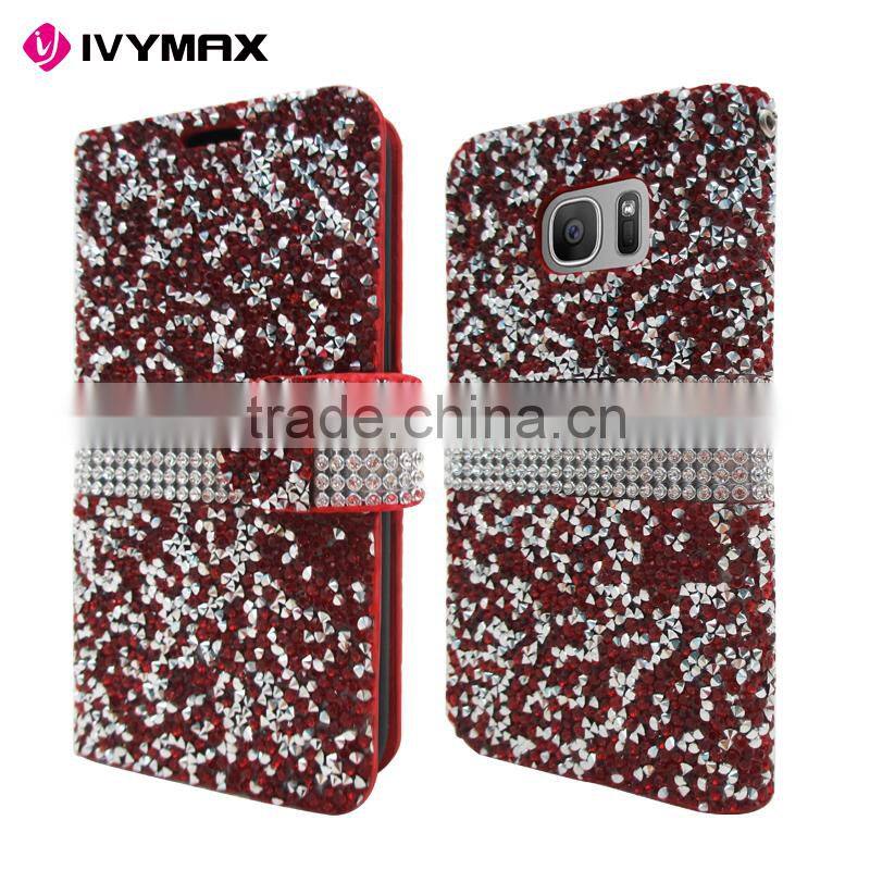 IVYMAX High Quality Luxury Rock Crystal Rhinestone PU Leather Diamond Wallet Case Flip Cover For Samsung Galaxy S7/G930