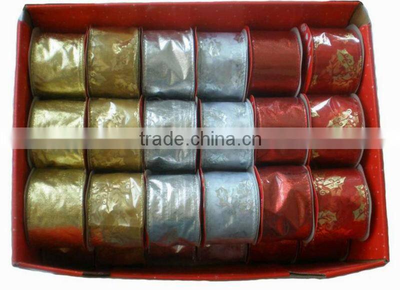 HOT SALE! Wired Gold Edge Trim Printing Woven Fabric Ribbon, Organdy Ribbons
