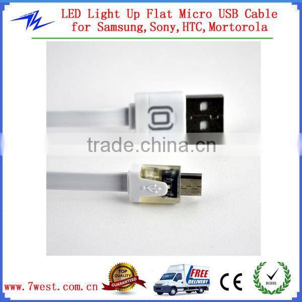 Universal LED Light Up Flat Micro USB Cable Cord with Flat Tangle Free for Smartphones and Tablets