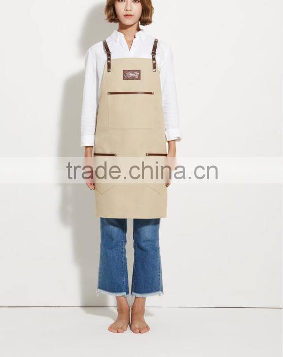 Vintage Canvas Barista Apron, Ivory Canvas with Dark Brown Leather Strap Apron