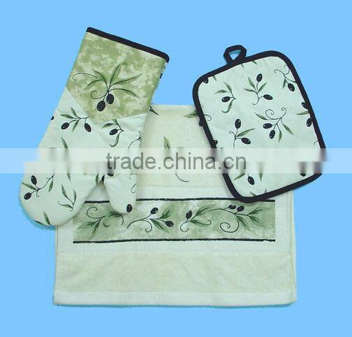 3pc pigment printing towel with fringe cheese holder set rooster design glove set