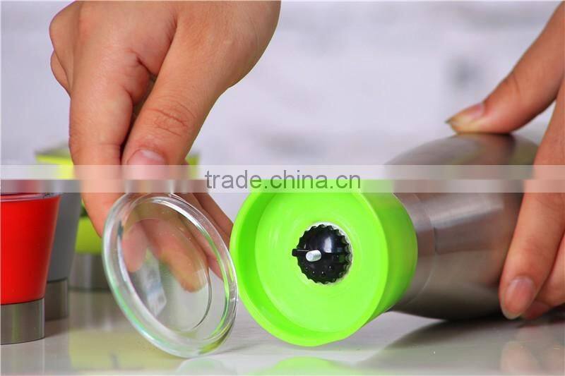 Glass spice jar pepper grinder/pepper mill with colorful top metal coat