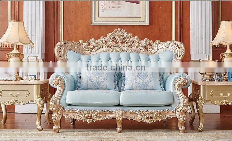 Champagne gold color flower hand carving light blue leather sofa set
