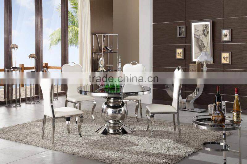 304 Stainless Steel Round Dining Table with Upholstered Side chair, Metal Dining Room Furniture