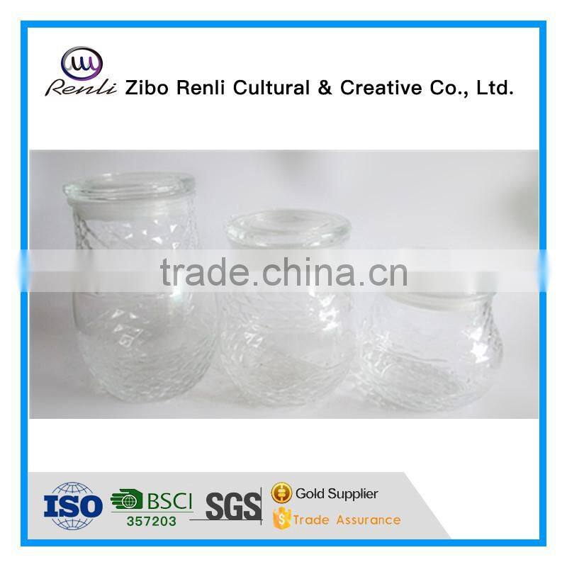 Empty Embossed Unique Glass Candle Jars with Glass Lids