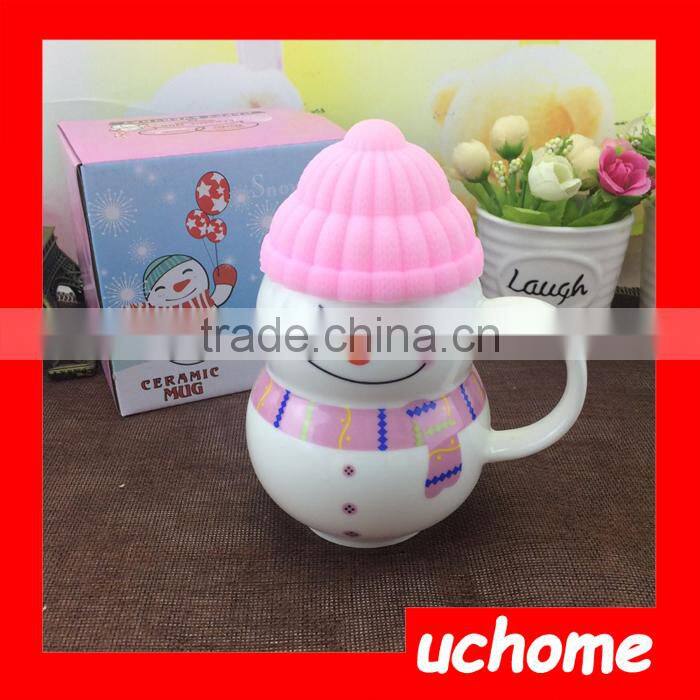 UCHOME Cute Creative Snowman Ceramic Cup Tea Milk Coffee Mug with Spoon & Lid