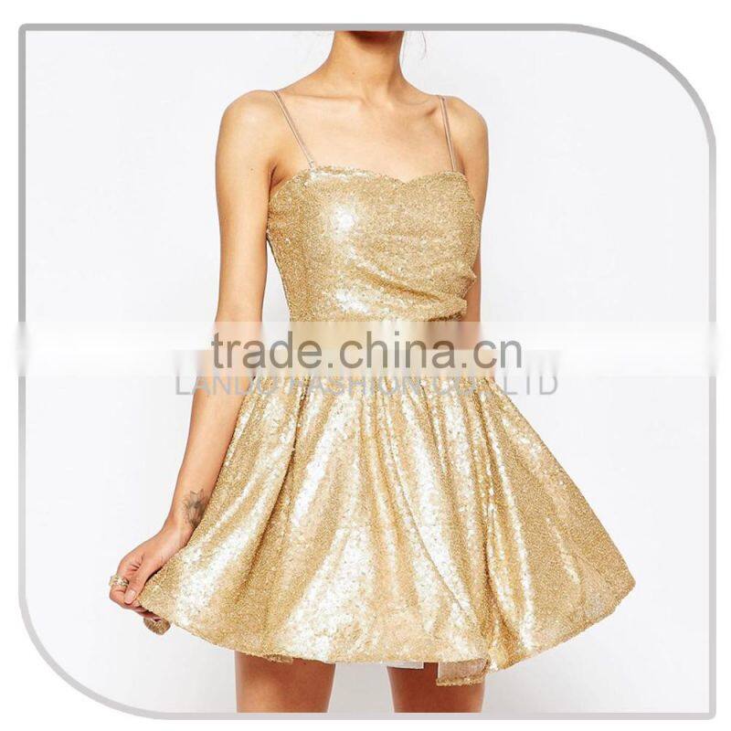 Sexy free shipping porm dress gold sequin spaghetti strap ball gown