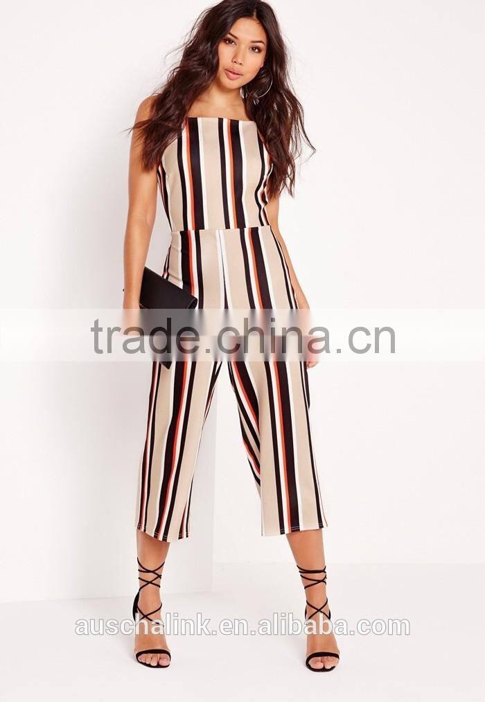 2016 Fashion Ladies Camel Crepe Striped Nice Jumpsuit