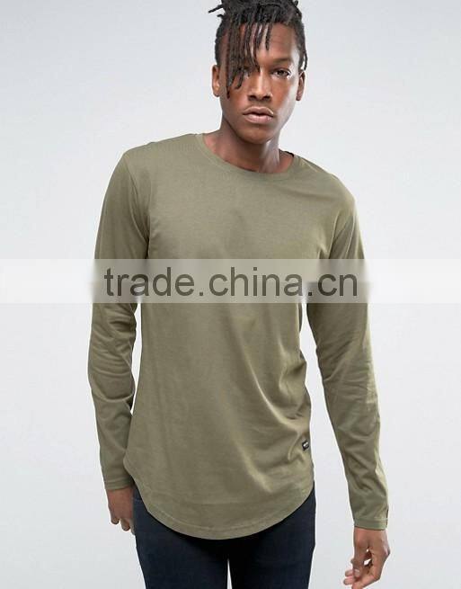Khaki Longline Long Sleeve T Shirt for Men Elongated T-Shirt Cotton Elastane OEM o neck Curved Hem T Shirt wholesale