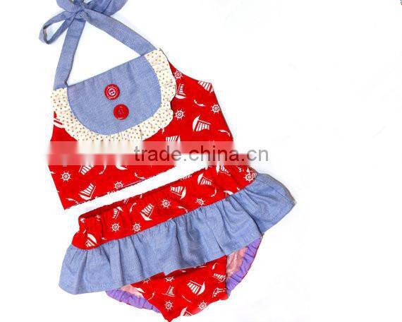 Wholesale Swimsuit Set Pink Stripe Dress Ruffle Bloomer Bowknot Headband
