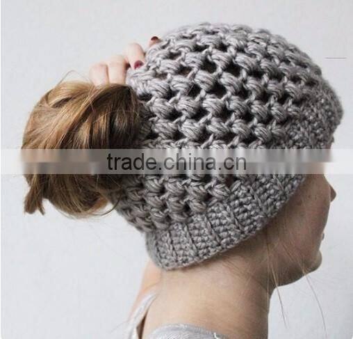 Messy Crochet Pony Tail Bun Beanie Hat