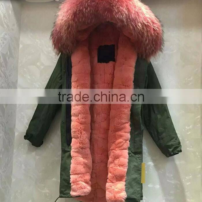 Myfur Baby Pink Thick Part Fox Fur Trimmed Luxury Ladies Fashion Long Parka