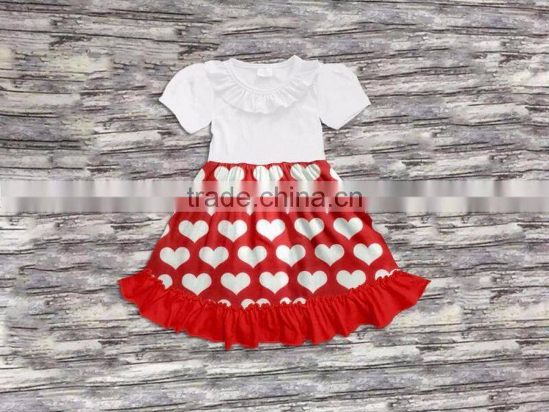 Hot sale short sleeve printed cotton pearl white and red children girl dress Kids valentine's Dress