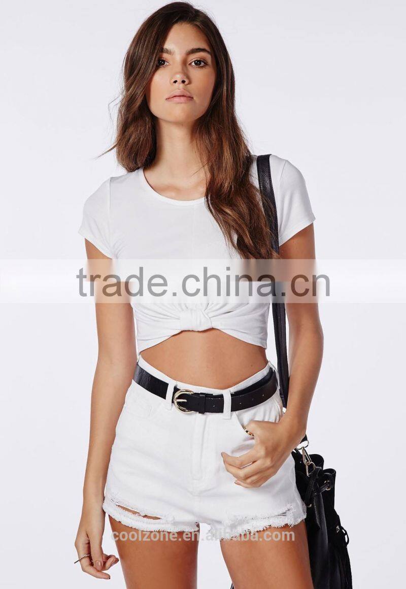 Plain fashion cap sleeve round neck knot front wihte blouse