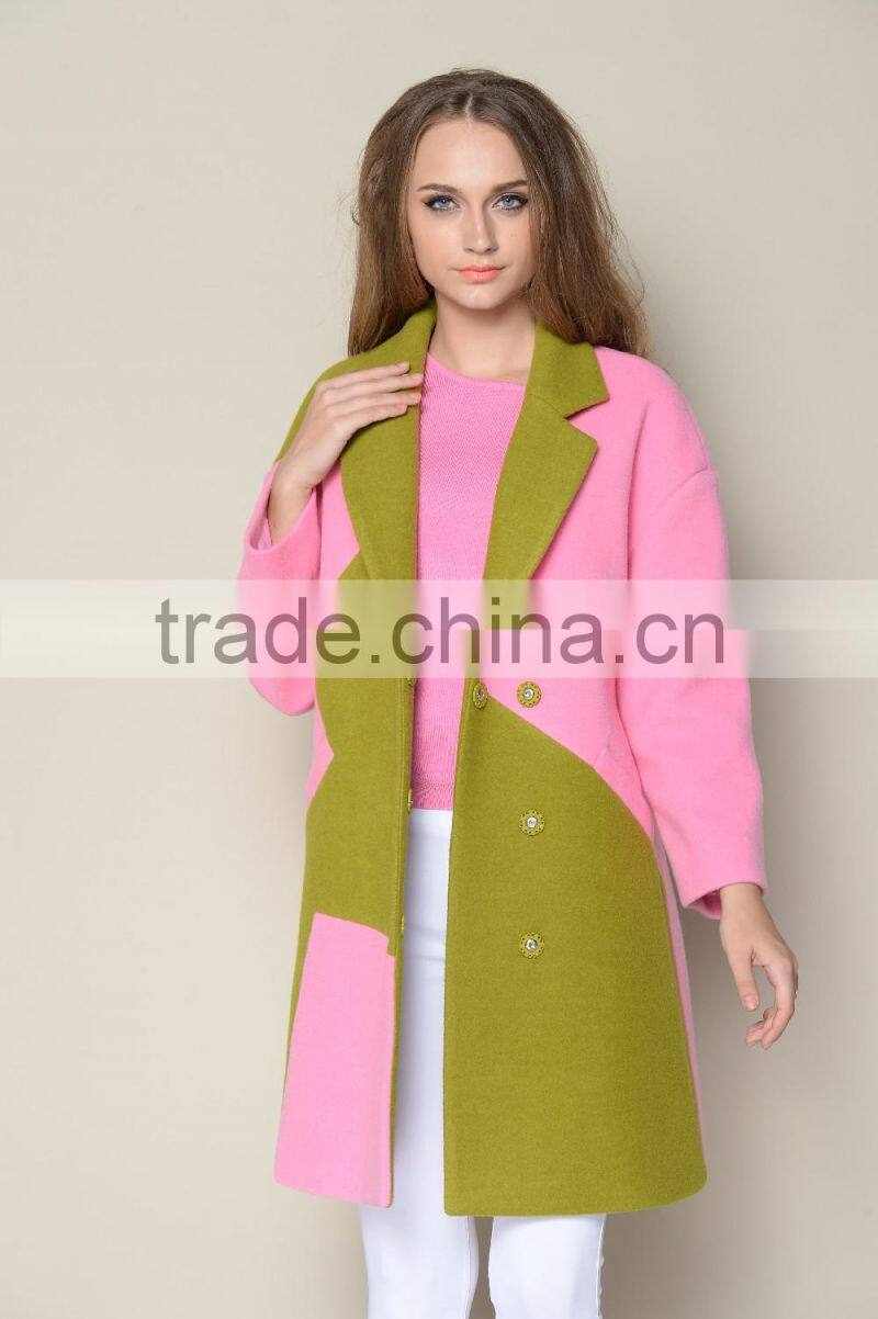 ODM designed fashionable wool warm branded contrasted colored young ladies long coats