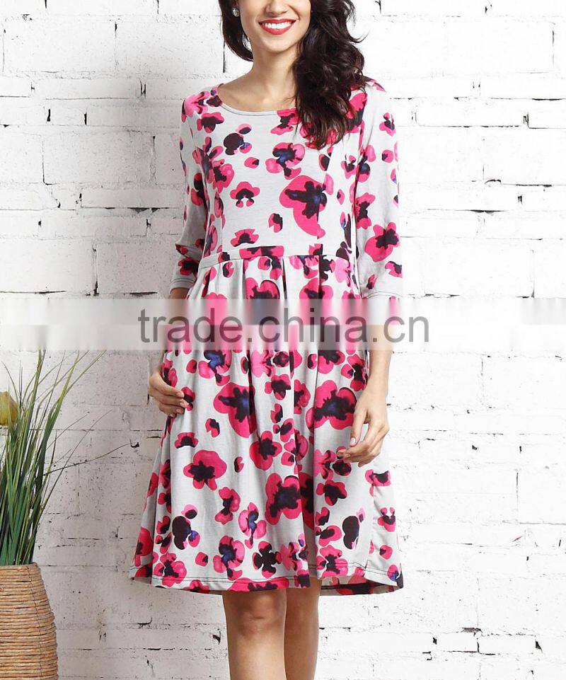 Newest Women Dresses With Gray And Pink Floral Three-Quarter Fit And Flare Pocket Dress Women Wear GD90426-53