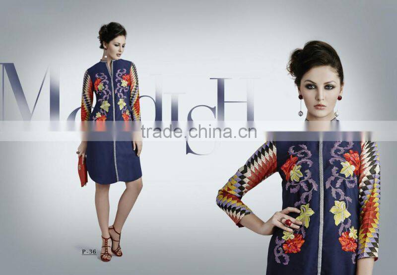 Salmon and Red color with Gold flakes neck design Vogue Designer Kurtis