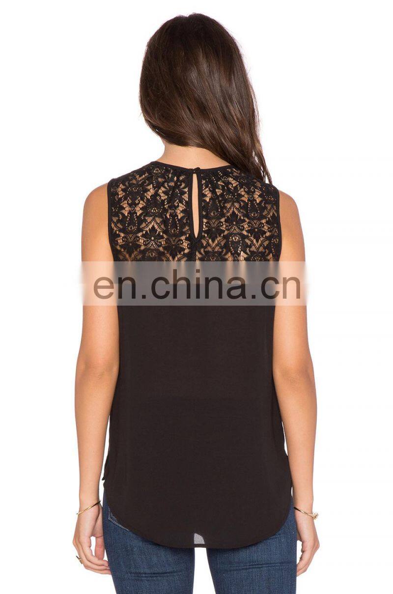 Black Lace with Half Sheer Material Images of Ladies Casual Tops