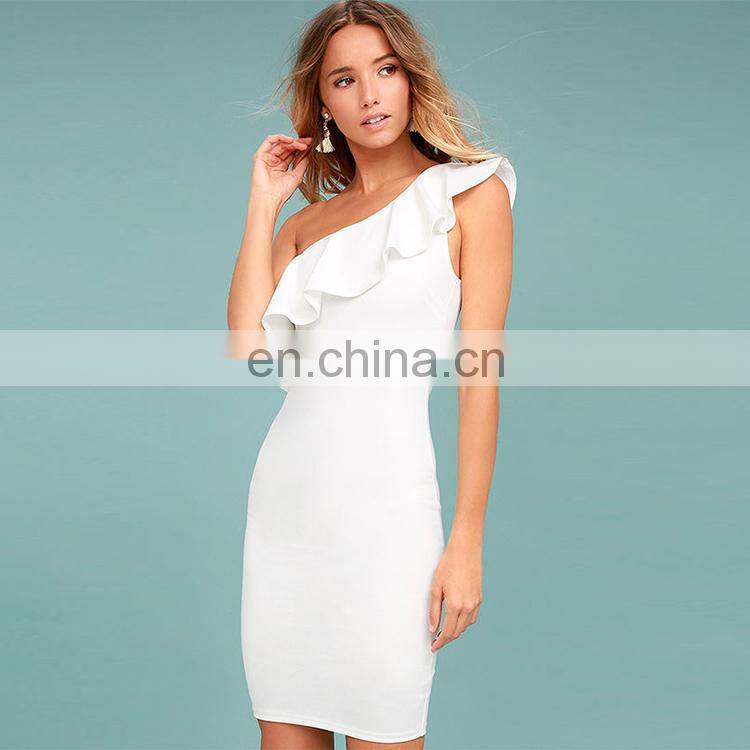 ladies one shoulder ruffle sheath bandage dress fashion bodycon midi dress