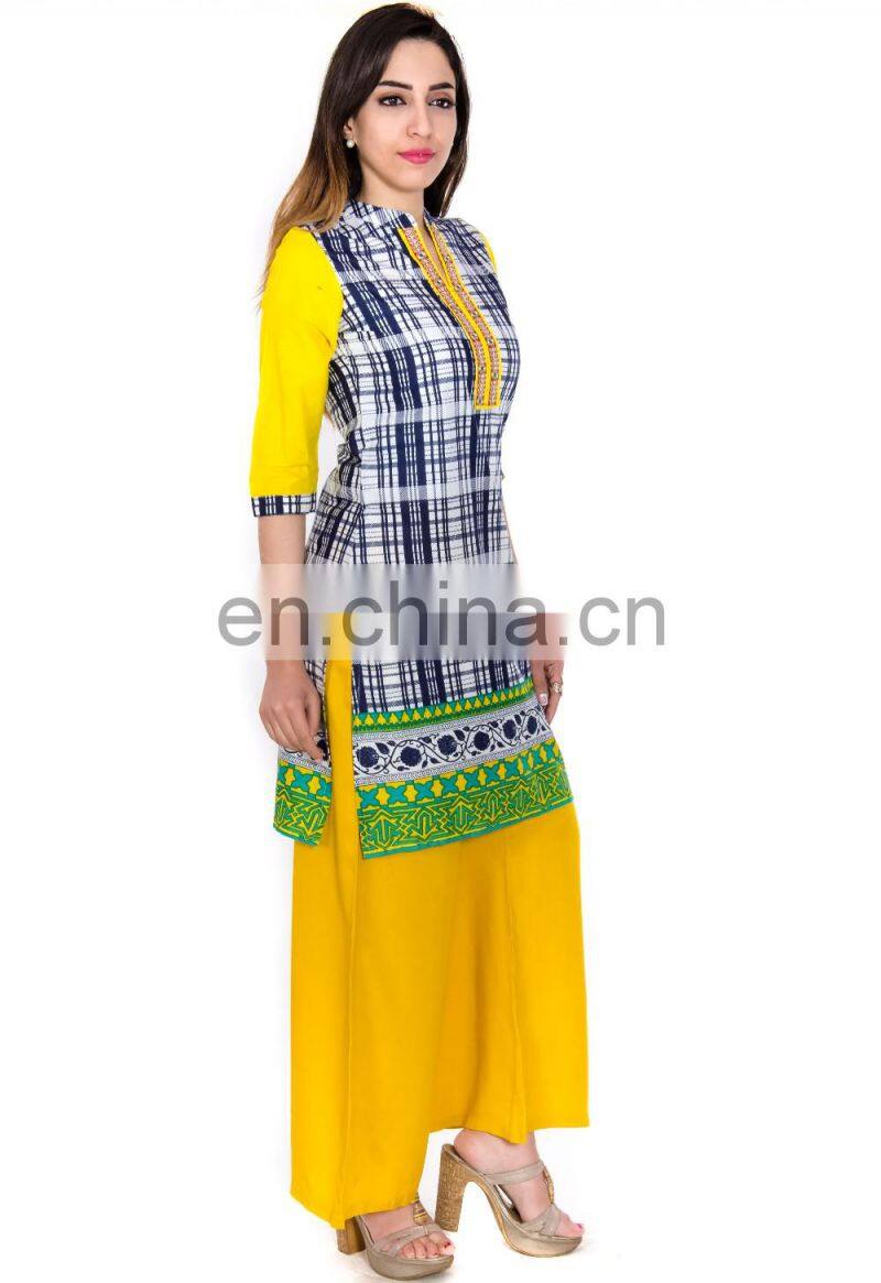 Manufacturer latest printed 3/4 sleeve Band collar 100% cotton Kurtis