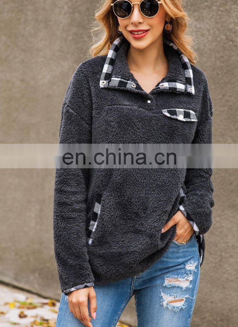 Factory Wholesale Hot sale 2020 Autumn and winter fashion lattice splice pocket button blouse home sweater home comfortable out