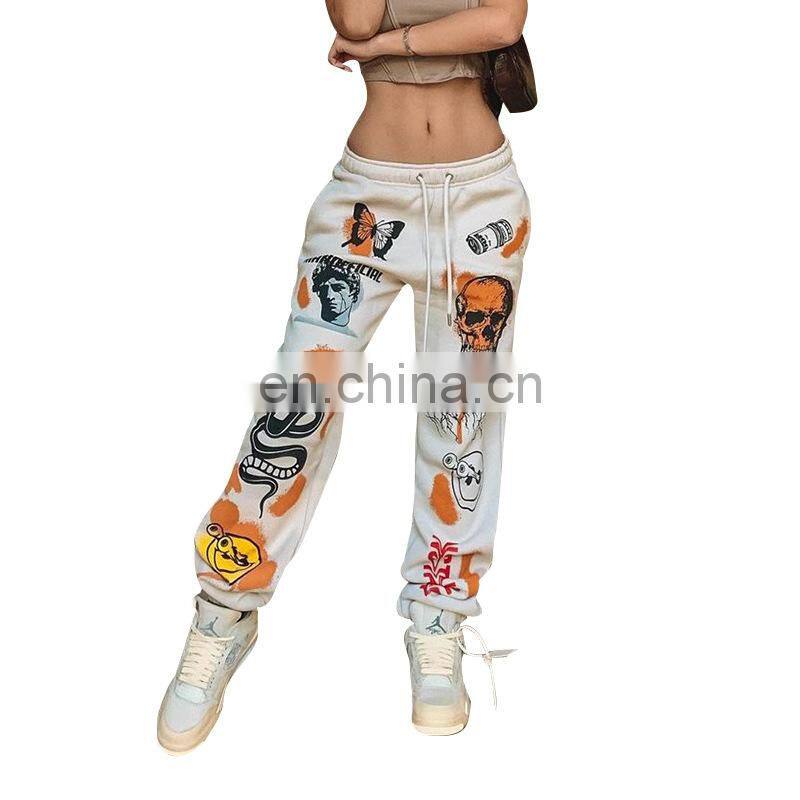 2021 autumn and winter new fashion street trend multi-pattern printing strap thick warm casual pants