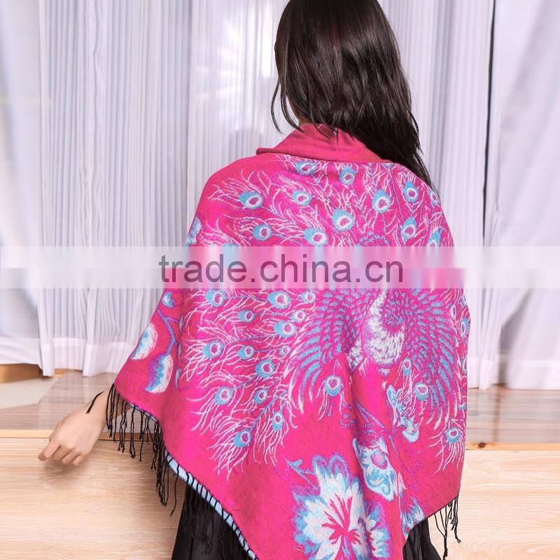 Wide Square Jacquard Peacock Stole Shawl Scarf
