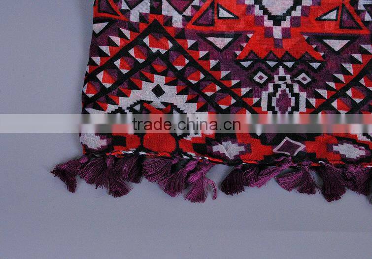 New Style Tassel Geometry Printed Cotton Voile Scarf