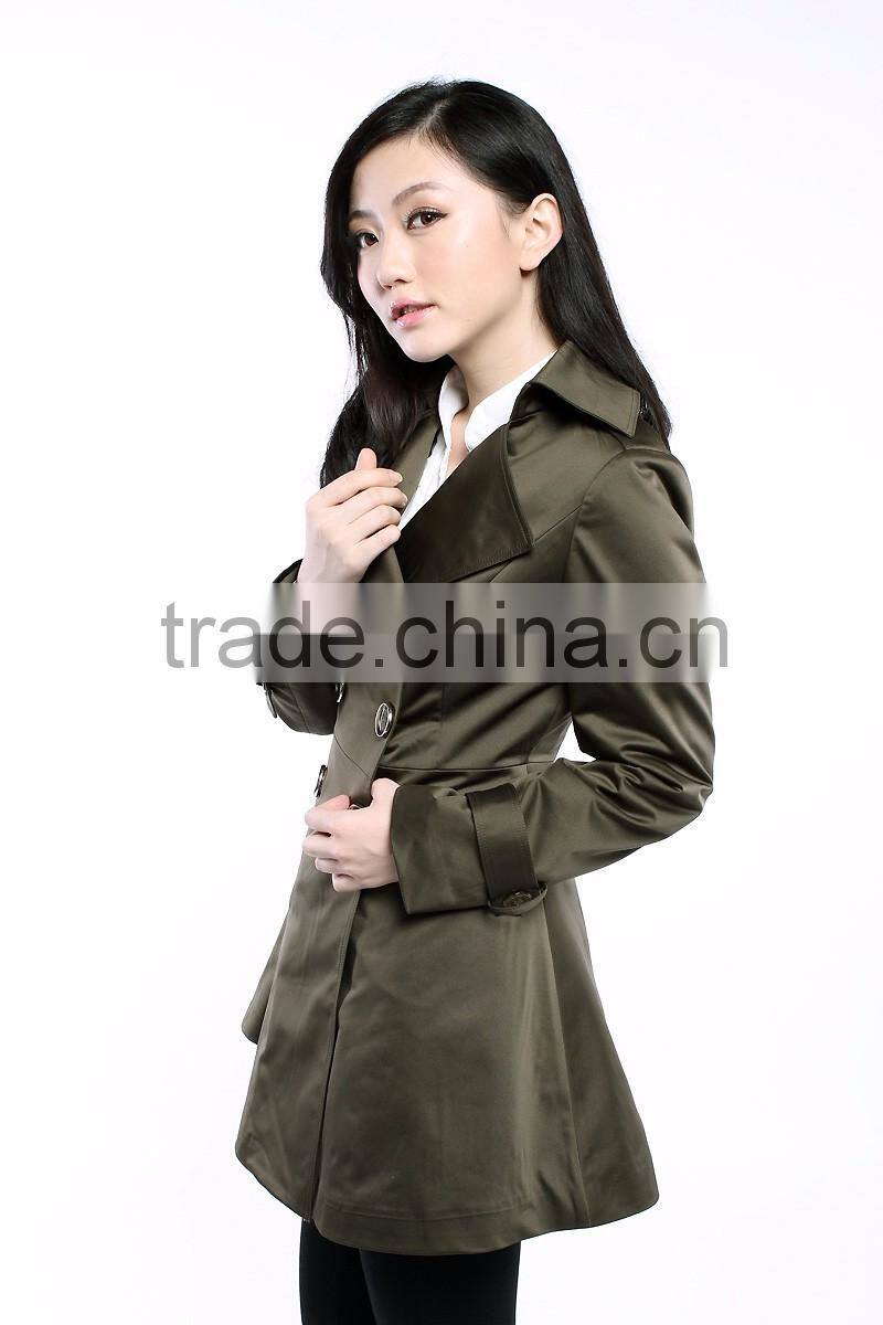 Women Wind Coats Turn Down Collar Double Breast Slim Trench Coat Green Navy Color