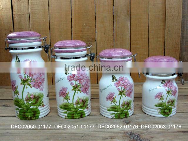 Manufacturer Type Flower Decal Ceramic Canister with Metal Sealing Lid