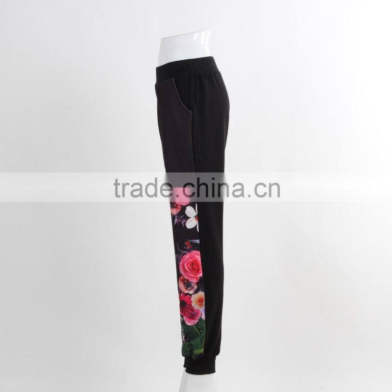 F5W30178 Ladies Contrast Panel Flower Print Jogger Pants