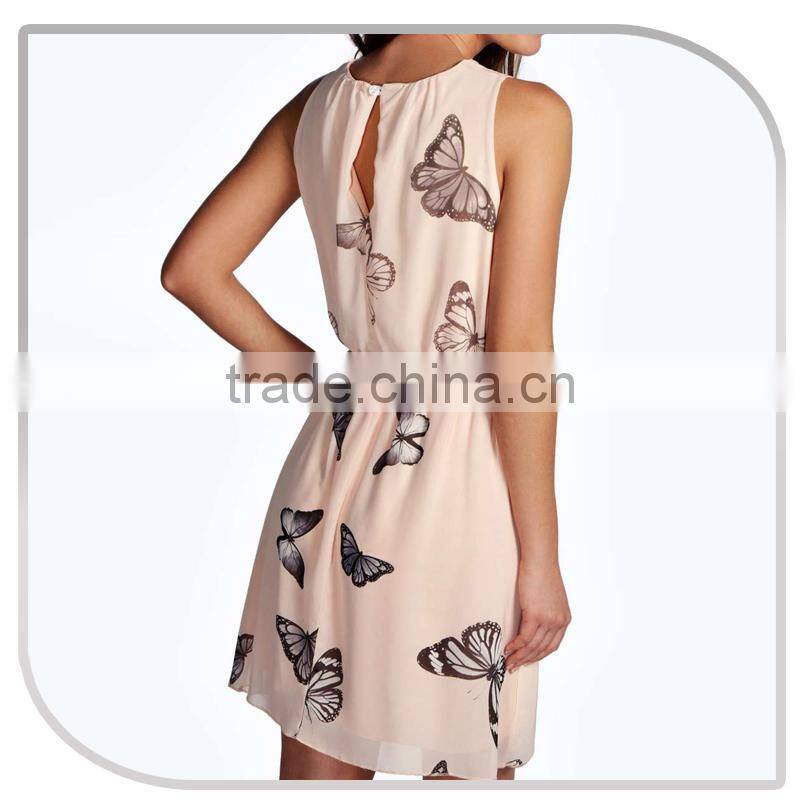 Fashion silk slip butterfly printed skater sleeveless chiffon dress with belt 2016 women clothing