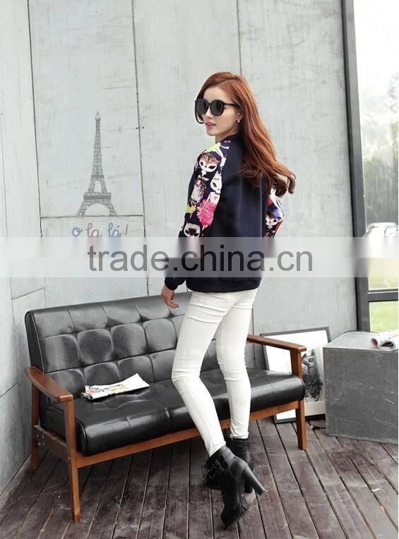 Fashion printing raglan long sleeve bomber jacket zipper sweatshirt without hood for women