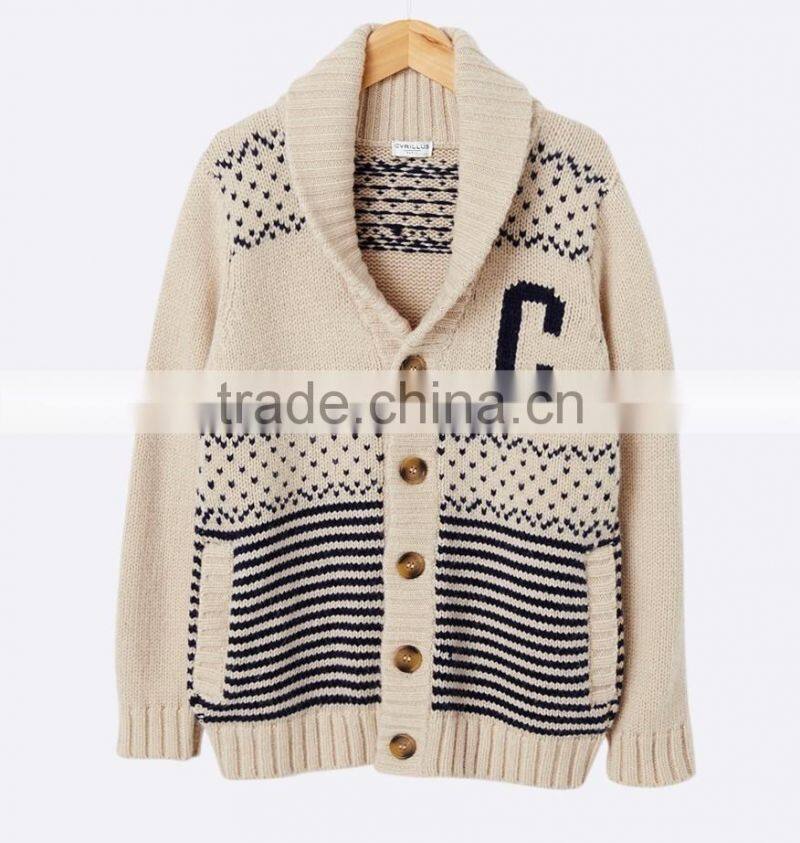High Quality Boy's jacquard chunky knit warm cardigan with elegant shawl collar off-white sweater (BKNB01)