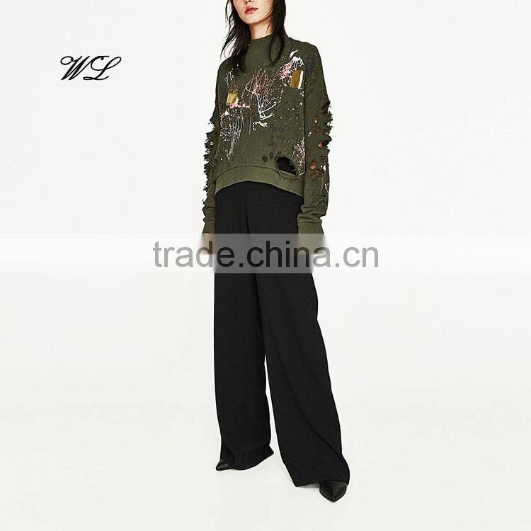2017 Custom Distress Metallic Printed Lady Pullover Crewneck Plain Knit Fabric Sweatshirts