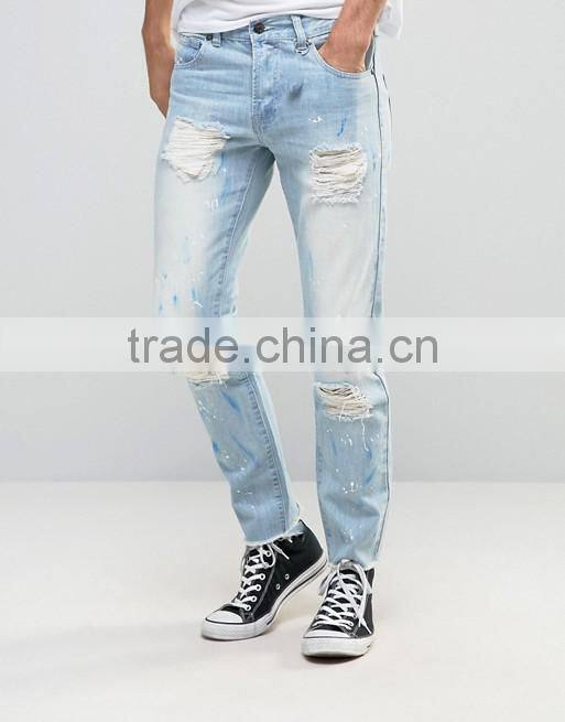 mens high waist blue light stone wash ripped super skinny jeans pants