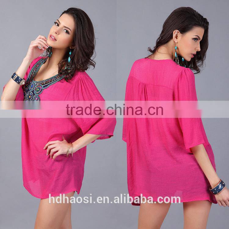 Hotsale O-neck Printed Retro Vintage Bohemian Loose Casual Chiffon shirts Blouse top clothing for women