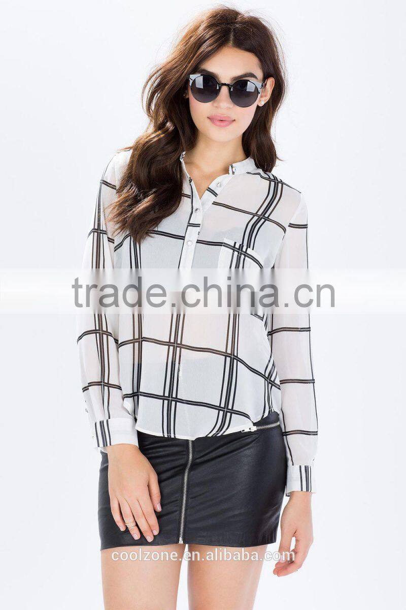 2015 New design sheer chiffon ladies blouse grid print blouses wholesale