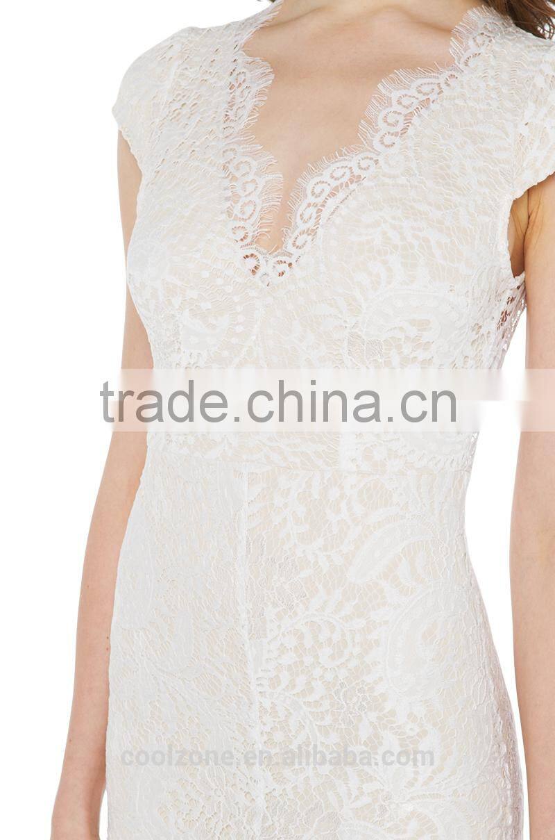 Sexy v neck cap sleeve cap lace dress for lady