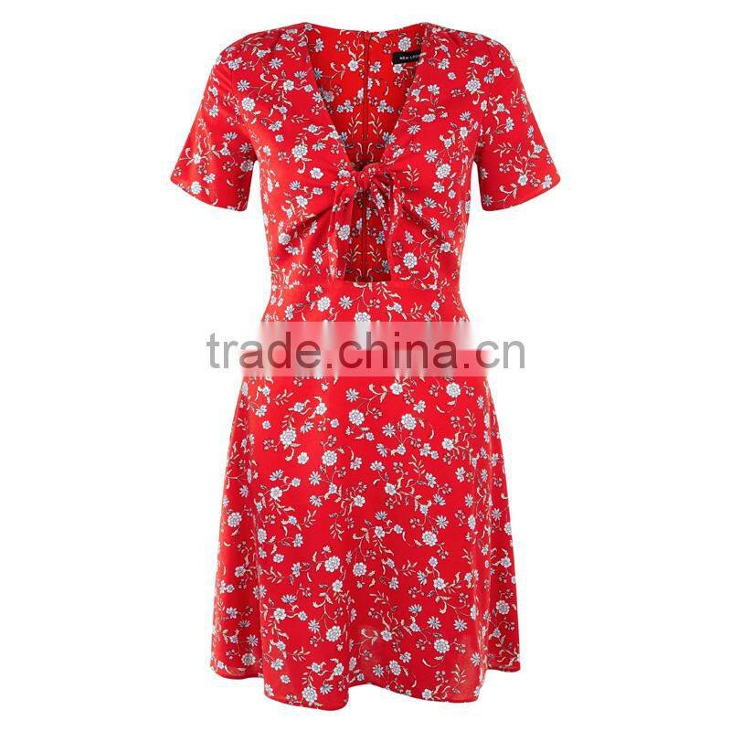 RED self bow V-neck women printed short sleeve dress