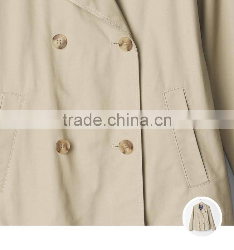 Crisp 100% cotton classic double-breasted short coat custom high quality fashion women windbreaker guangzhou manufacturer